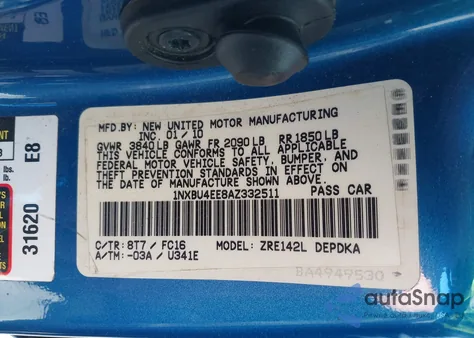 2010 Toyota Corolla Le from USA, damaged, VIN 1NXBU4EE8AZ332511
